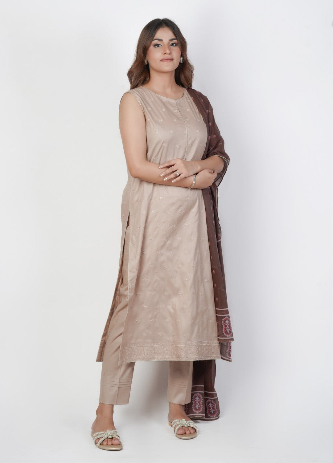 Vibgyor Fashion Embroidered Cotton Lawn Suits Unstitched 3 Piece Skin Brown D11-S-25