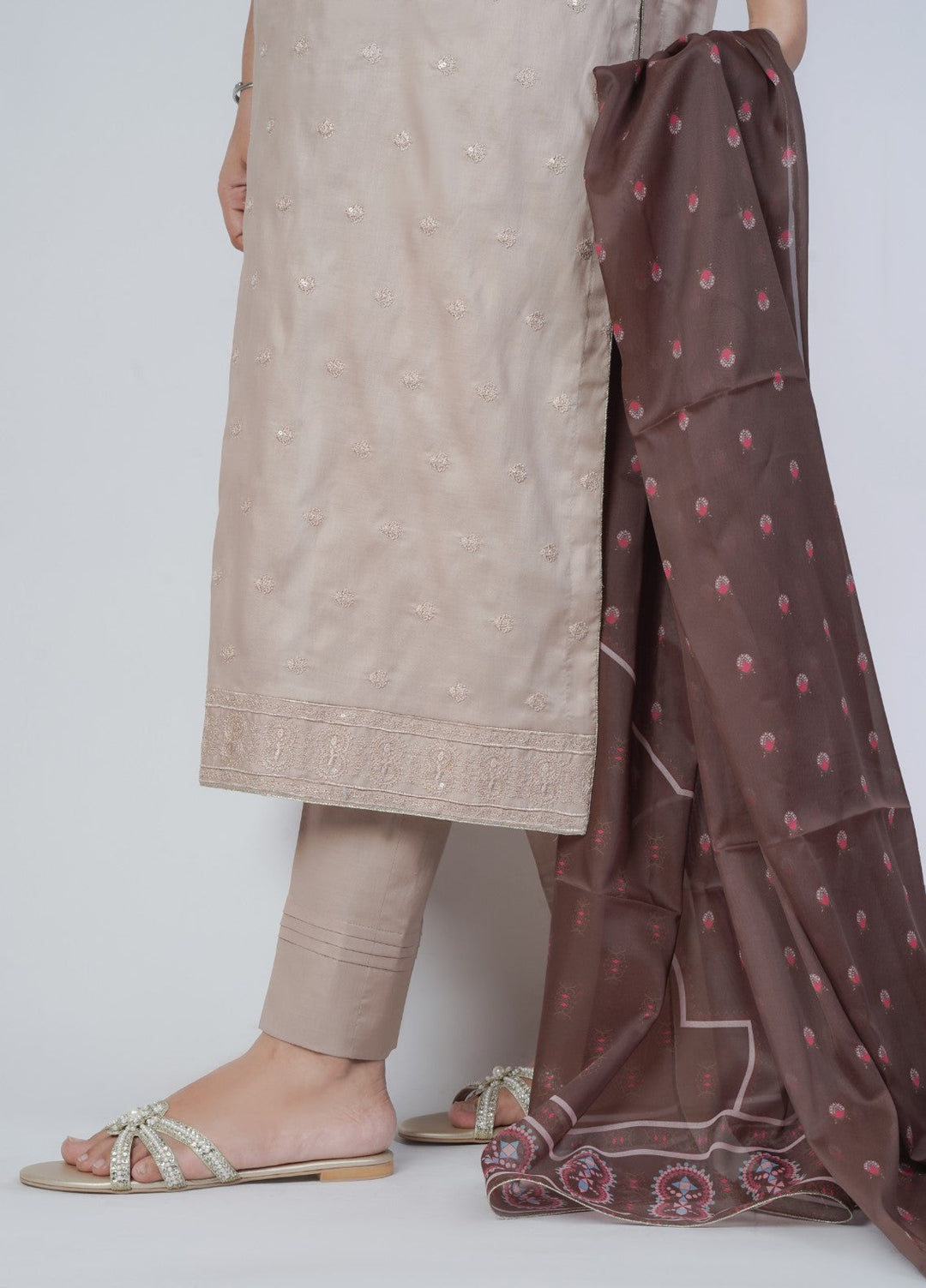 Vibgyor Fashion Embroidered Cotton Lawn Suits Unstitched 3 Piece Skin Brown D11-S-25