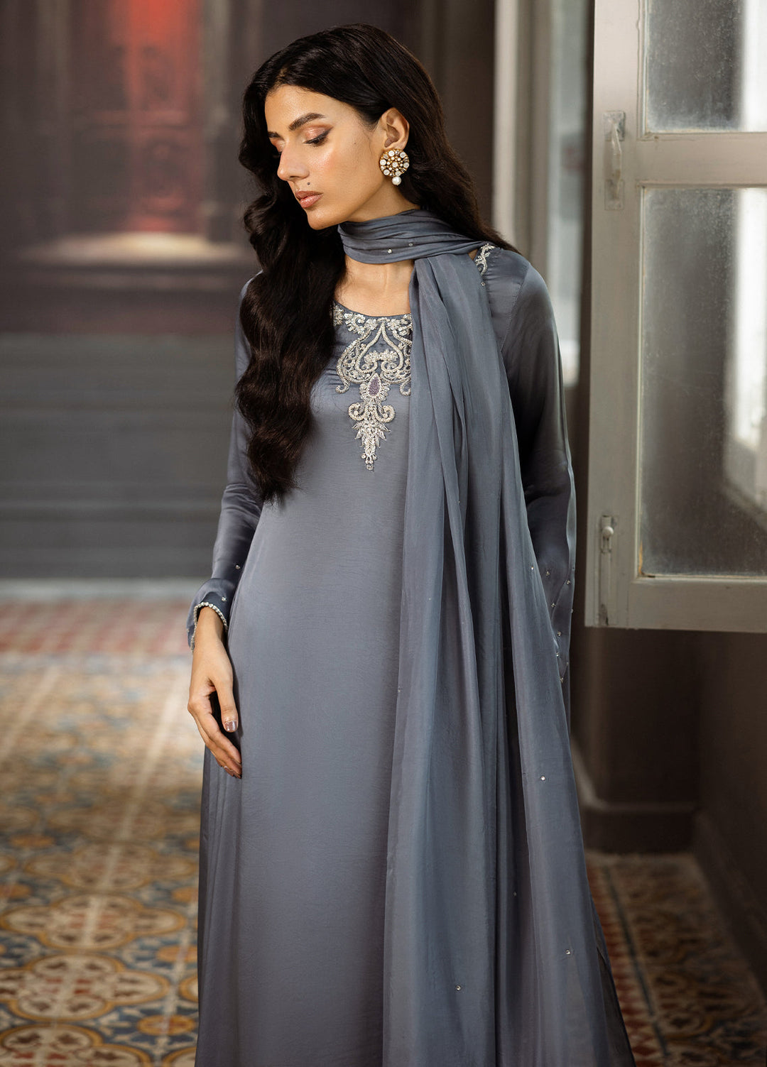 Elara by Mavie Women Pret Shamose Silk Slate - Festive Collection