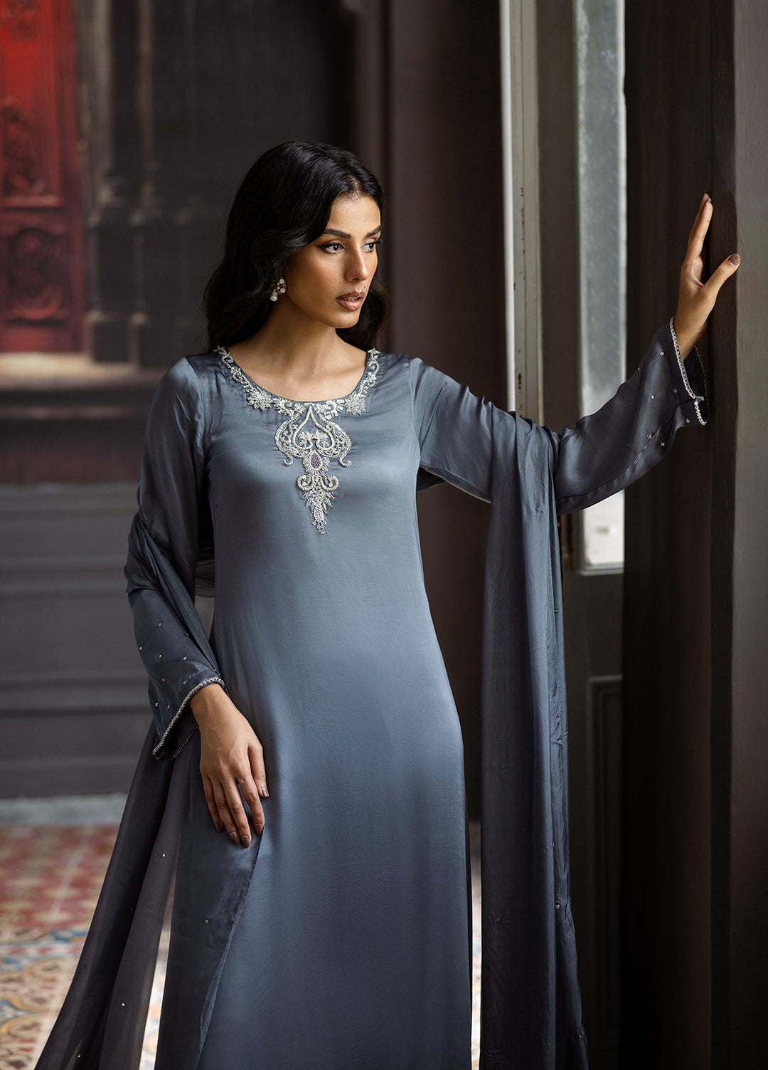 Elara by Mavie Women Pret Shamose Silk Slate - Festive Collection
