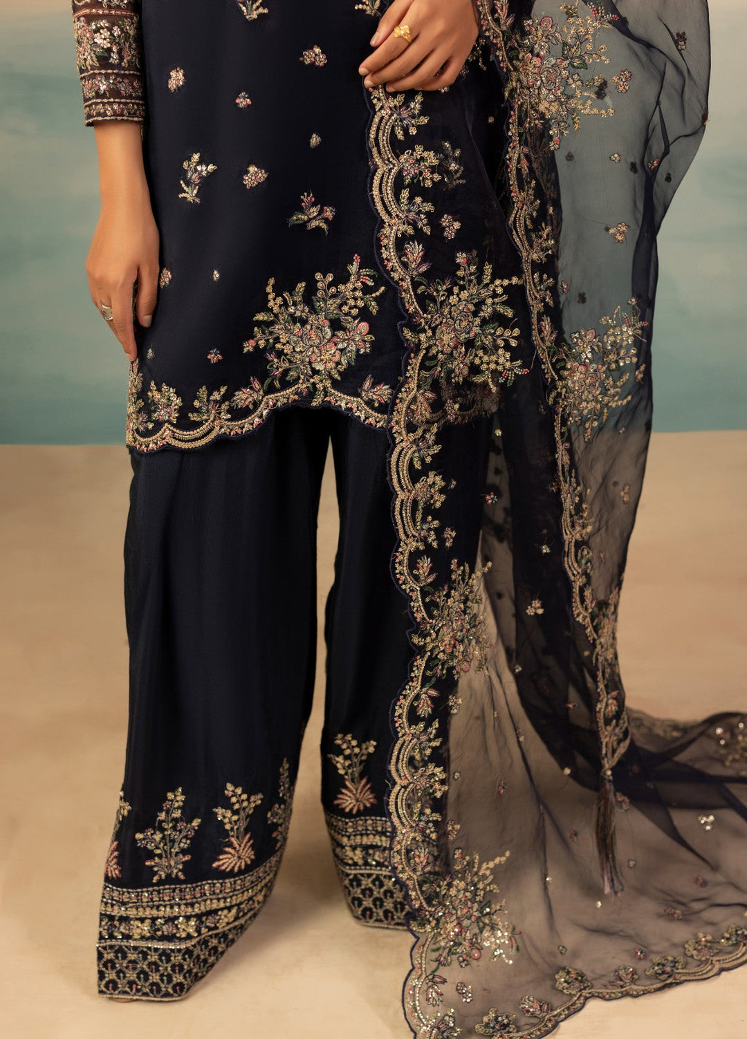 Signature by Diara Couture Pret Luxury Embroidered 3 Piece Raw Silk Jugnu-Df-44-Navy Blue - Formals Collection
