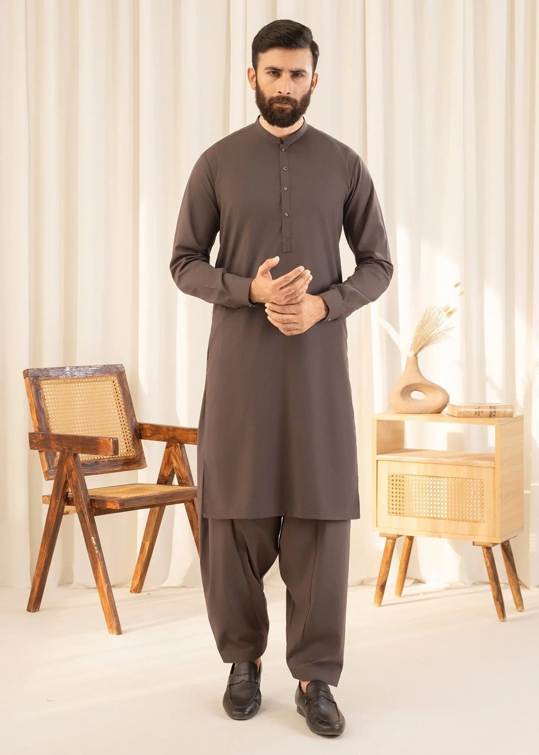 Buraq Mens Arbab Edit  Kurta Shalwar Wash N Wear Brown - Casual Collection