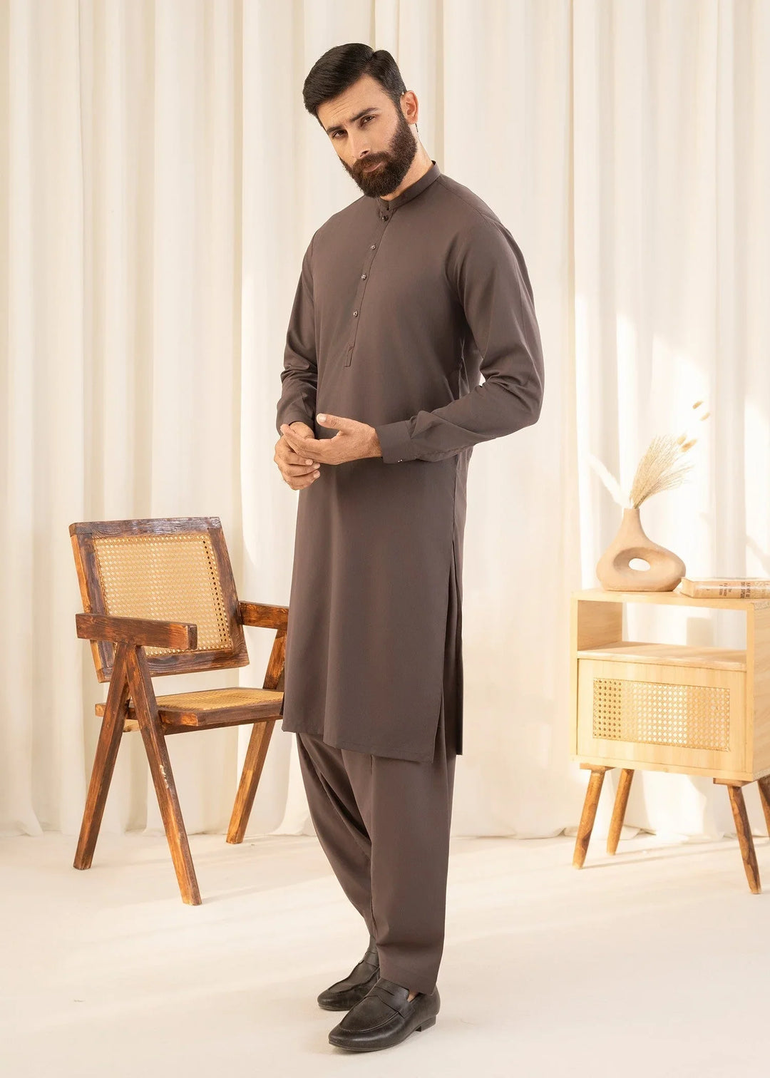 Buraq Mens Arbab Edit  Kurta Shalwar Wash N Wear Brown - Casual Collection