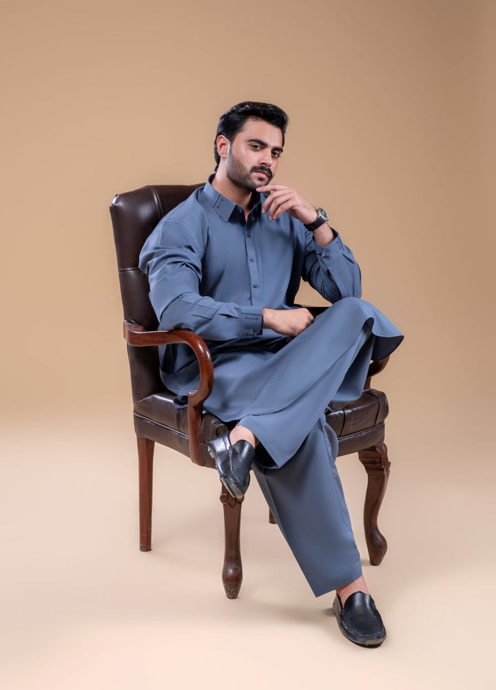 Buraq Mens Arbab Edit  Kurta Shalwar Wash N Wear Slate Blue - Casual Collection