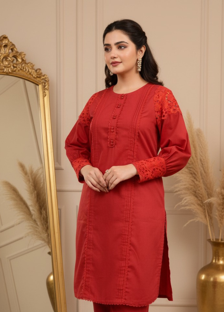 Pret Bee Women Cotton Embroidered Suits 2 Piece Vibrant Red - Winter Collection