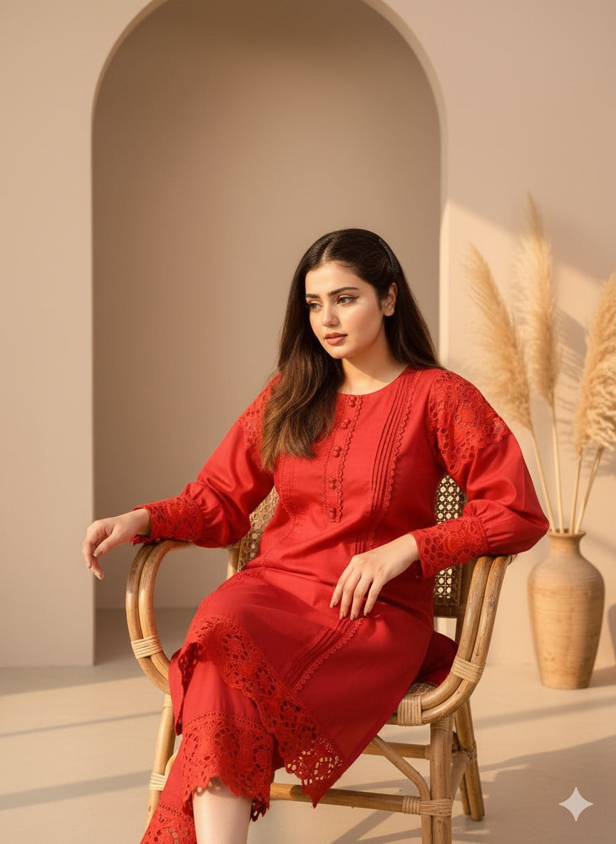 Pret Bee Women Cotton Embroidered Suits 2 Piece Vibrant Red - Winter Collection