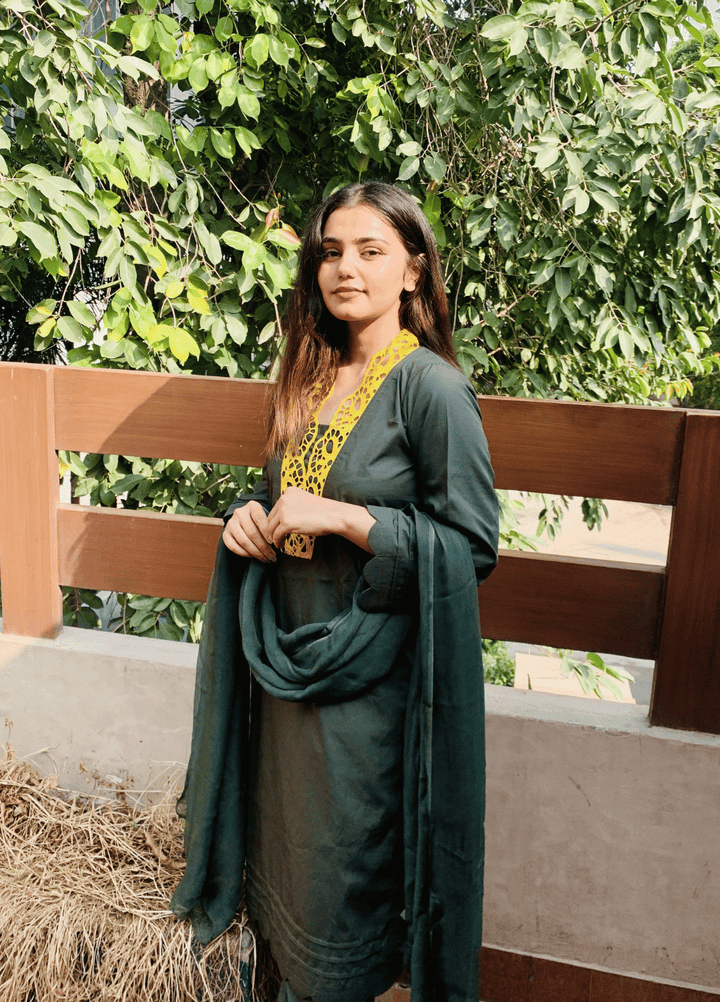 Pret Bee Women Cotton Embroidered Suits 3 Piece Olive Green - Winter Collection