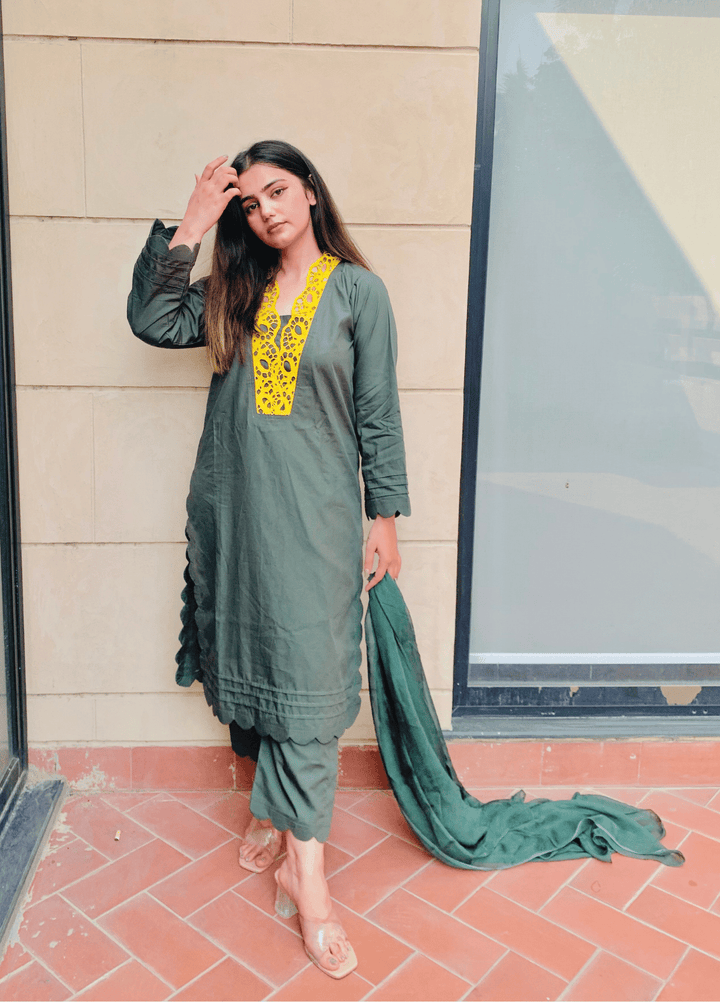 Pret Bee Women Cotton Embroidered Suits 3 Piece Olive Green - Winter Collection