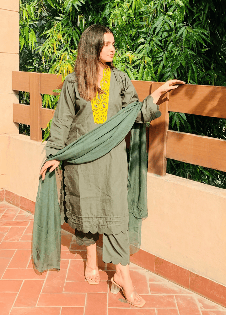 Pret Bee Women Cotton Embroidered Suits 3 Piece Olive Green - Winter Collection