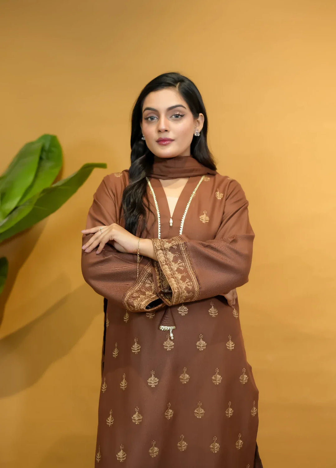 Pret Bee Women Dhanak Embroidered Suits 3 Piece Brown Dhanak - Winter Collection