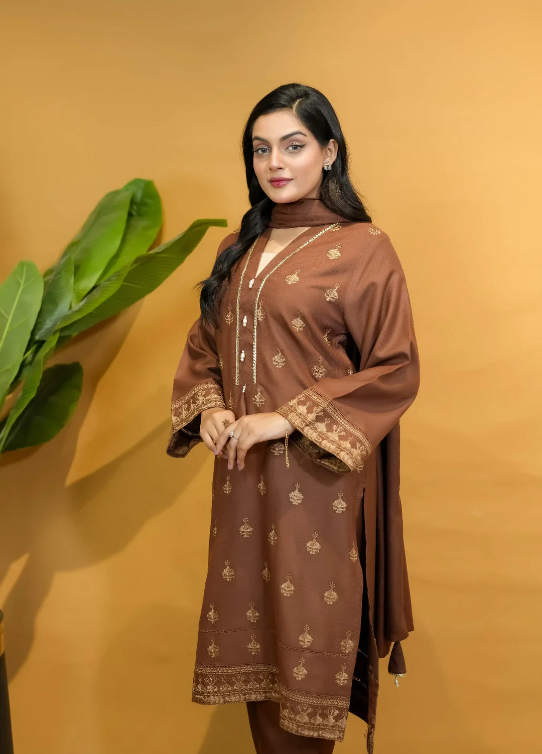 Pret Bee Women Dhanak Embroidered Suits 3 Piece Brown Dhanak - Winter Collection