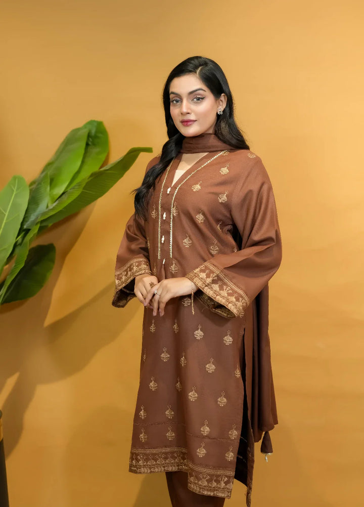 Pret Bee Women Dhanak Embroidered Suits 3 Piece Brown Dhanak - Winter Collection