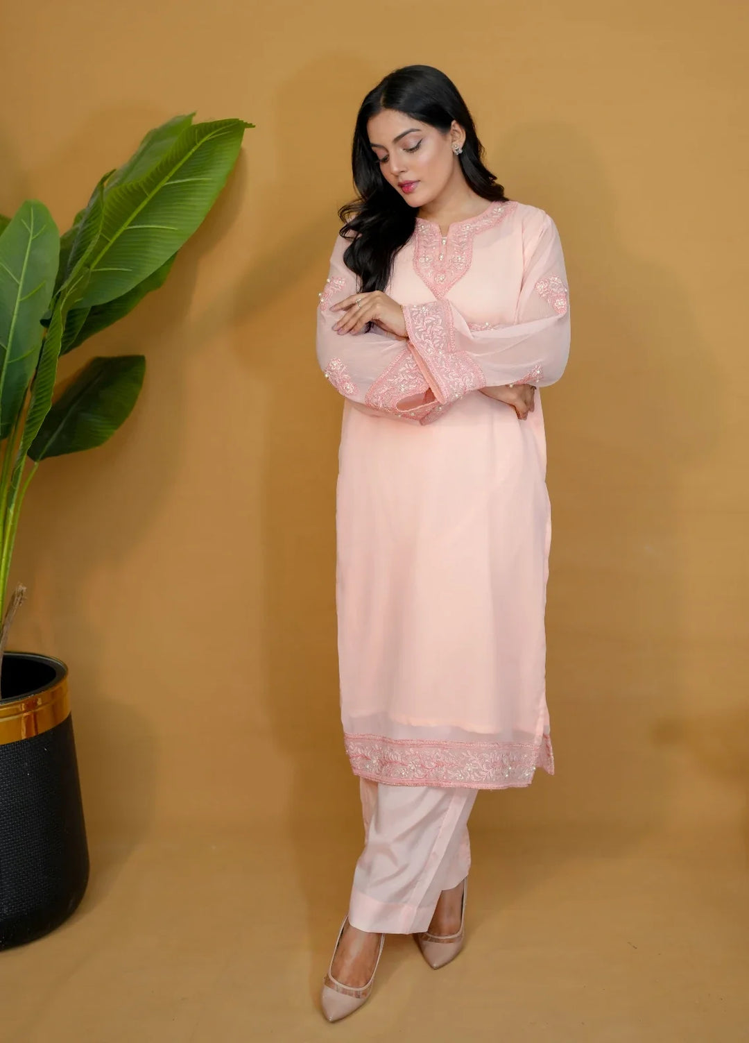 Pret Bee Women Chiffon Embroidered Suits 3 Piece Peach - Winter Collection