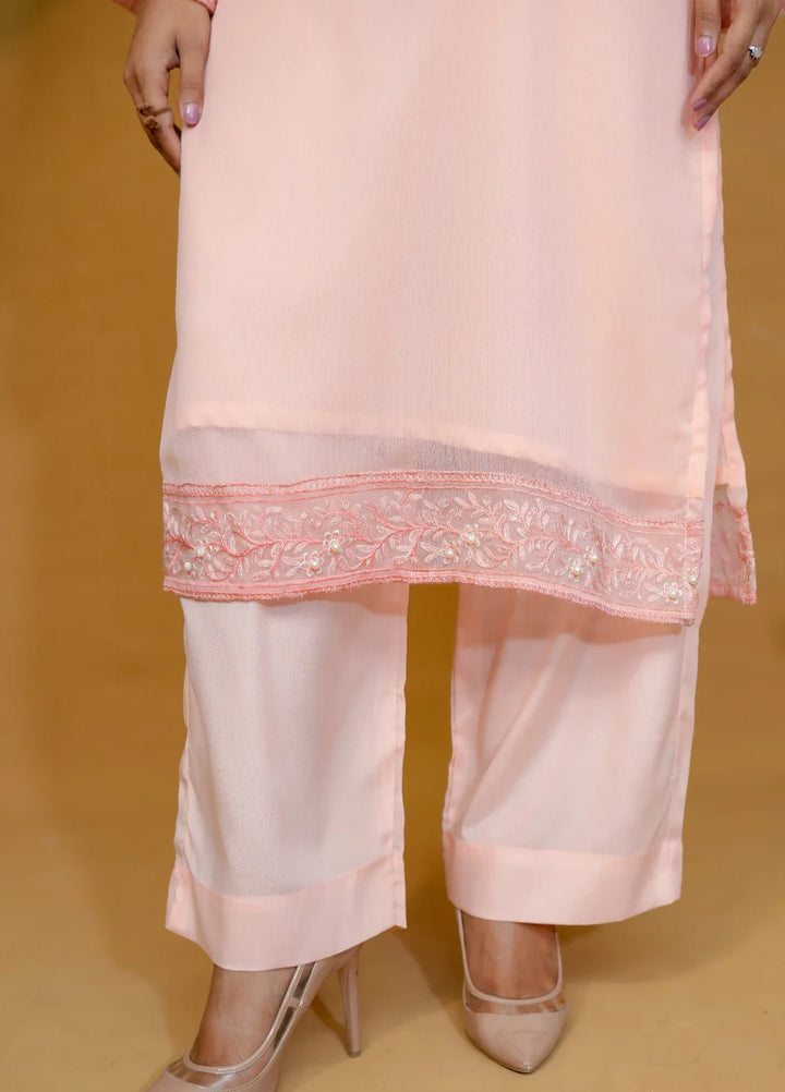 Pret Bee Women Chiffon Embroidered Suits 3 Piece Peach - Winter Collection