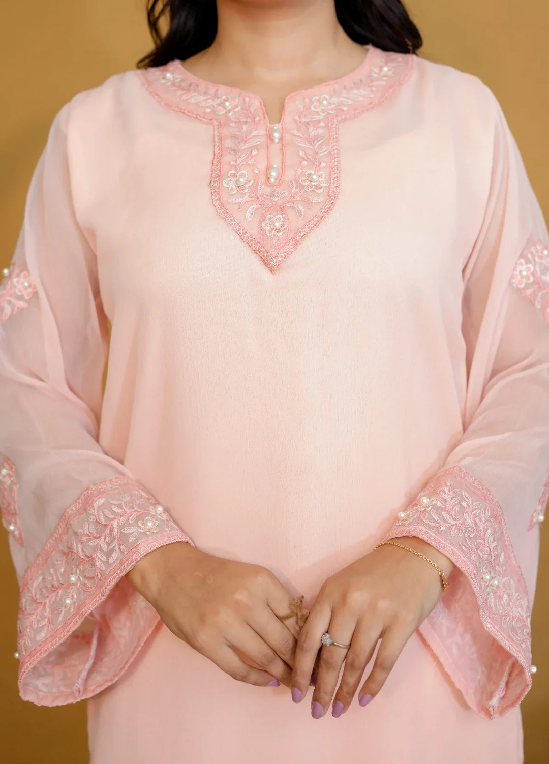 Pret Bee Women Chiffon Embroidered Suits 3 Piece Peach - Winter Collection