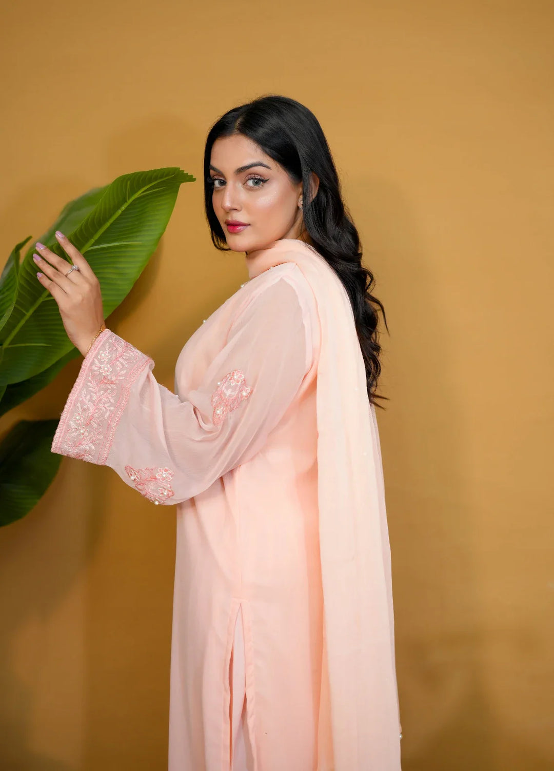 Pret Bee Women Chiffon Embroidered Suits 3 Piece Peach - Winter Collection