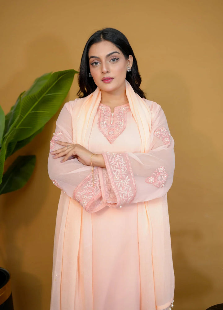 Pret Bee Women Chiffon Embroidered Suits 3 Piece Peach - Winter Collection