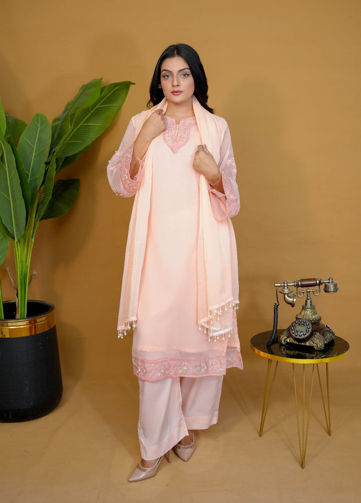 Pret Bee Women Chiffon Embroidered Suits 3 Piece Peach - Winter Collection