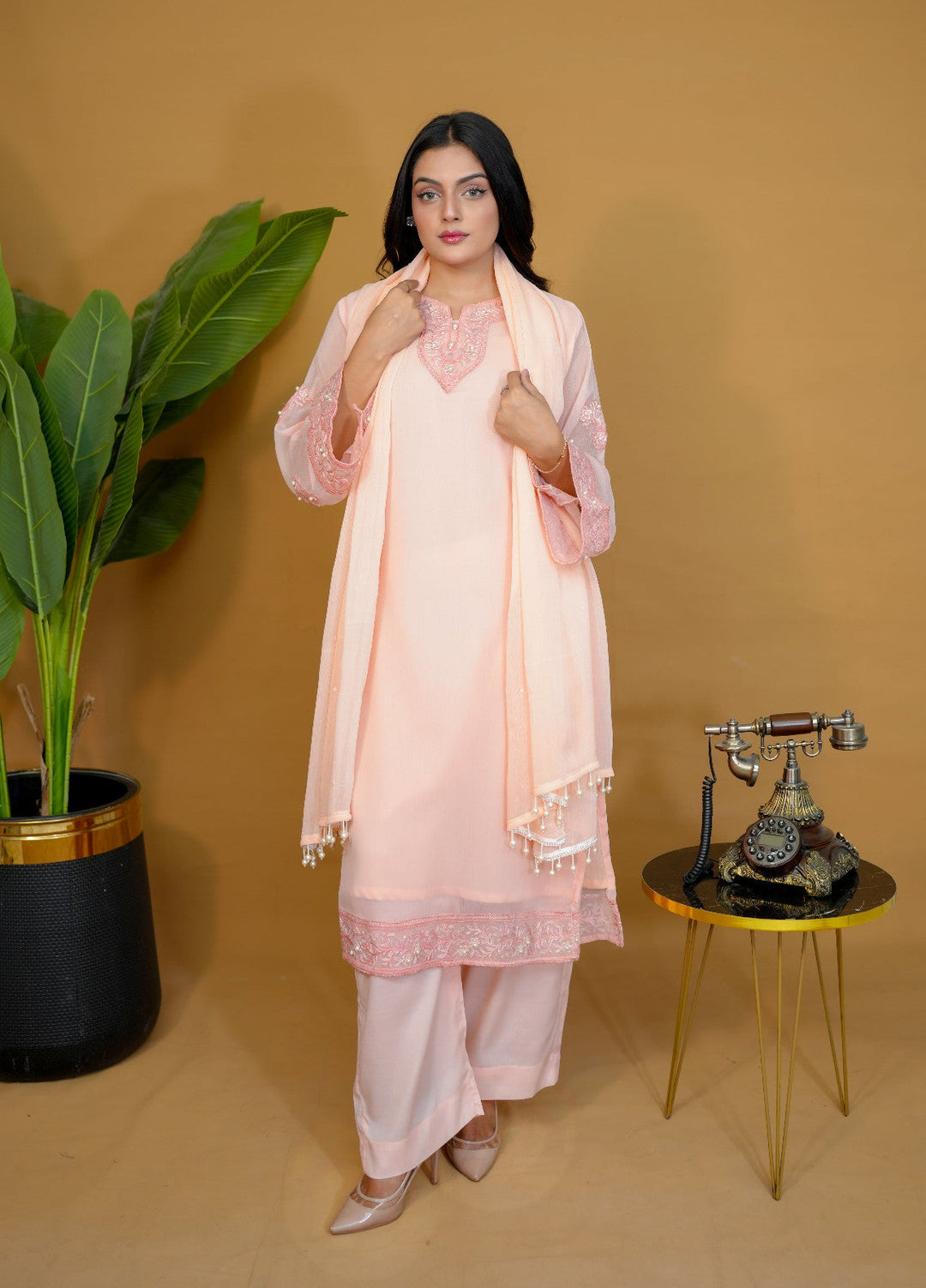 Pret Bee Women Chiffon Embroidered Suits 3 Piece Peach - Winter Collection