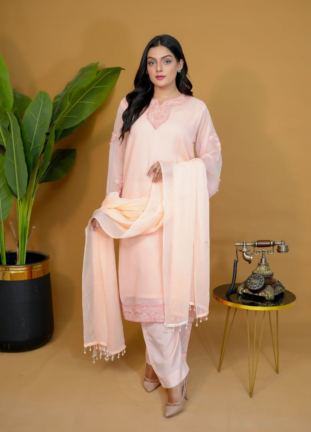 Pret Bee Women Chiffon Embroidered Suits 3 Piece Peach - Winter Collection