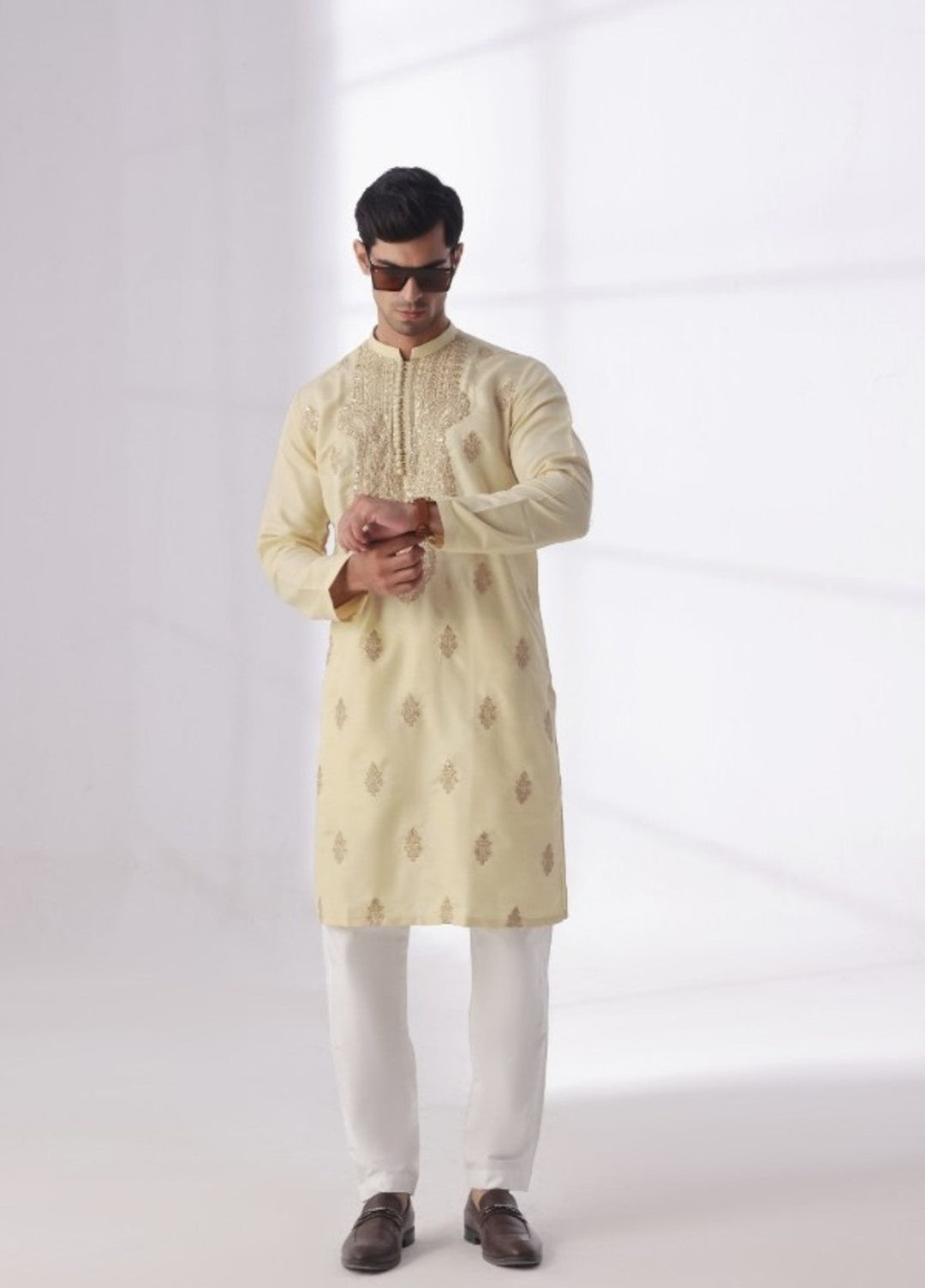 Bazm E Riwayat by Bin Musab Men Kurta Pajama 2 Piece Raw Silk Fountain Baige - Festive Collection
