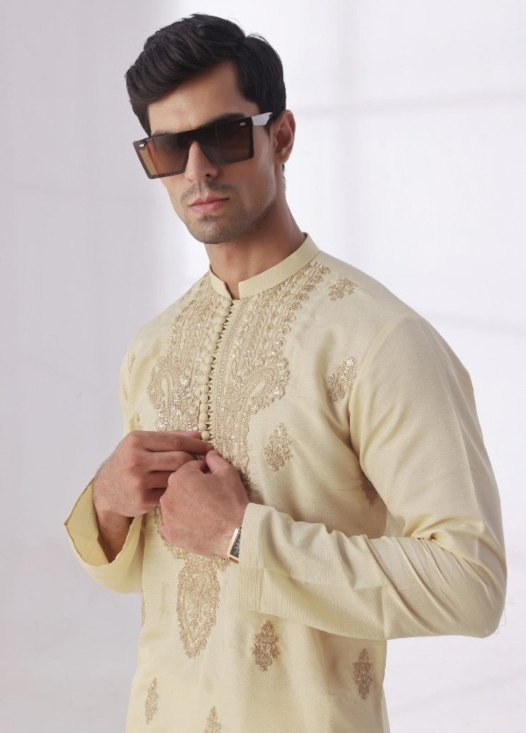 Bazm E Riwayat by Bin Musab Men Kurta Pajama 2 Piece Raw Silk Fountain Baige - Festive Collection
