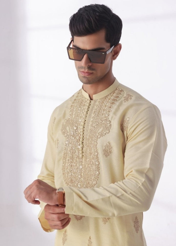 Bazm E Riwayat by Bin Musab Men Kurta Pajama 2 Piece Raw Silk Fountain Baige - Festive Collection