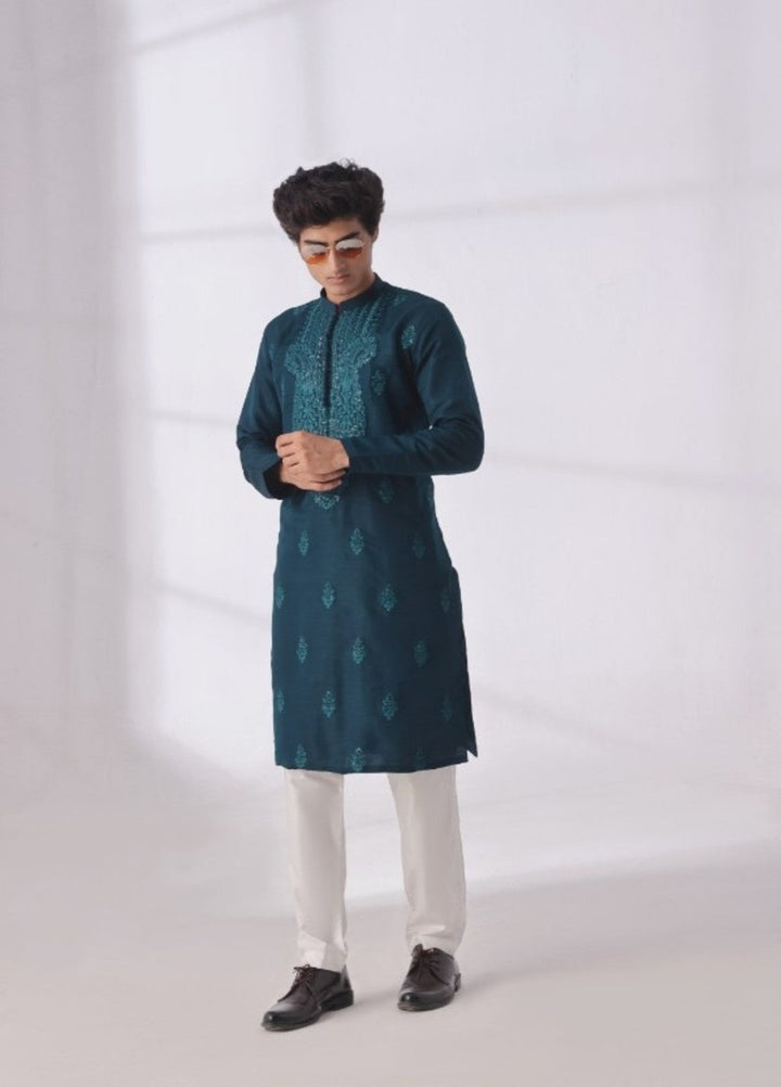 Bazm E Riwayat by Bin Musab Men Kurta Pajama 2 Piece Raw Silk Tealuxe Blue - Festive Collection