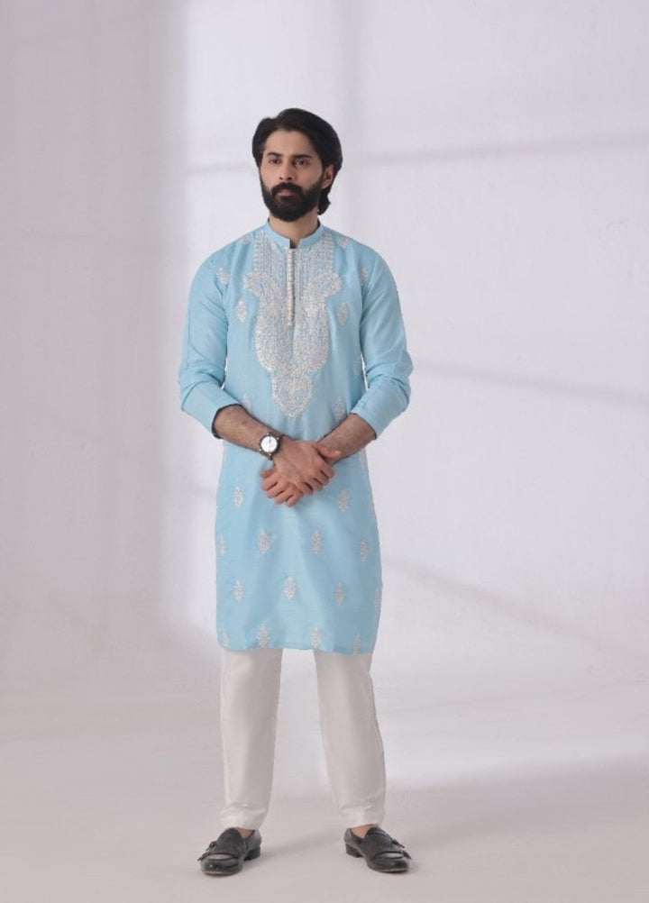 Bazm E Riwayat by Bin Musab Men Kurta Pajama 2 Piece Raw Silk Caribbean Sky - Festive Collection
