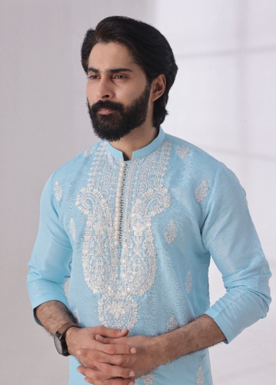 Bazm E Riwayat by Bin Musab Men Kurta Pajama 2 Piece Raw Silk Caribbean Sky - Festive Collection