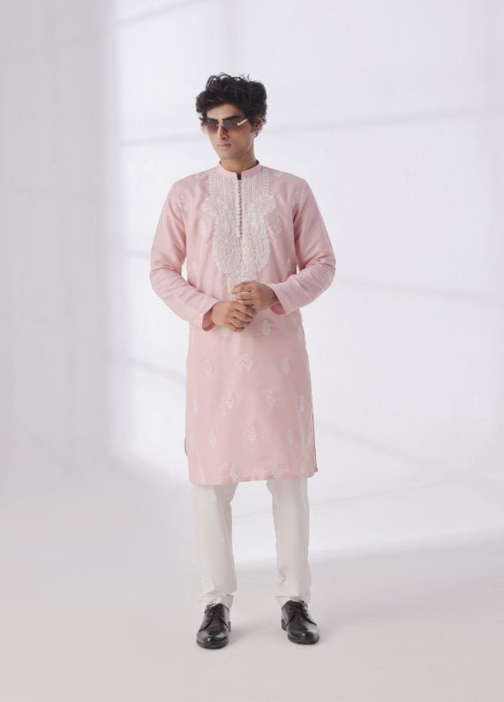 Bazm E Riwayat by Bin Musab Men Kurta Pajama 2 Piece Raw Silk Cheery Bloom - Festive Collection