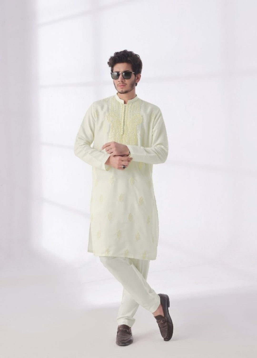 Bazm E Riwayat by Bin Musab Men Kurta Pajama 2 Piece Raw Silk Creamsicle Tide - Festive Collection