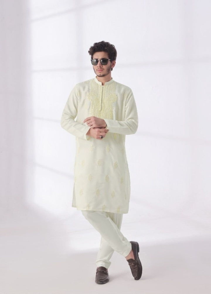 Bazm E Riwayat by Bin Musab Men Kurta Pajama 2 Piece Raw Silk Creamsicle Tide - Festive Collection