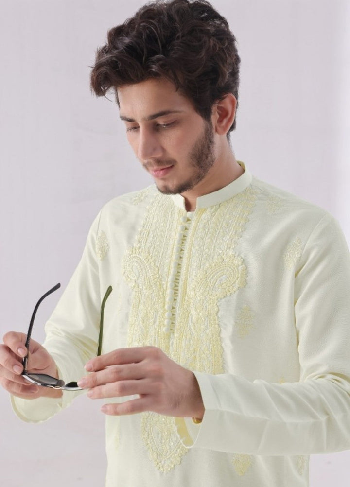 Bazm E Riwayat by Bin Musab Men Kurta Pajama 2 Piece Raw Silk Creamsicle Tide - Festive Collection