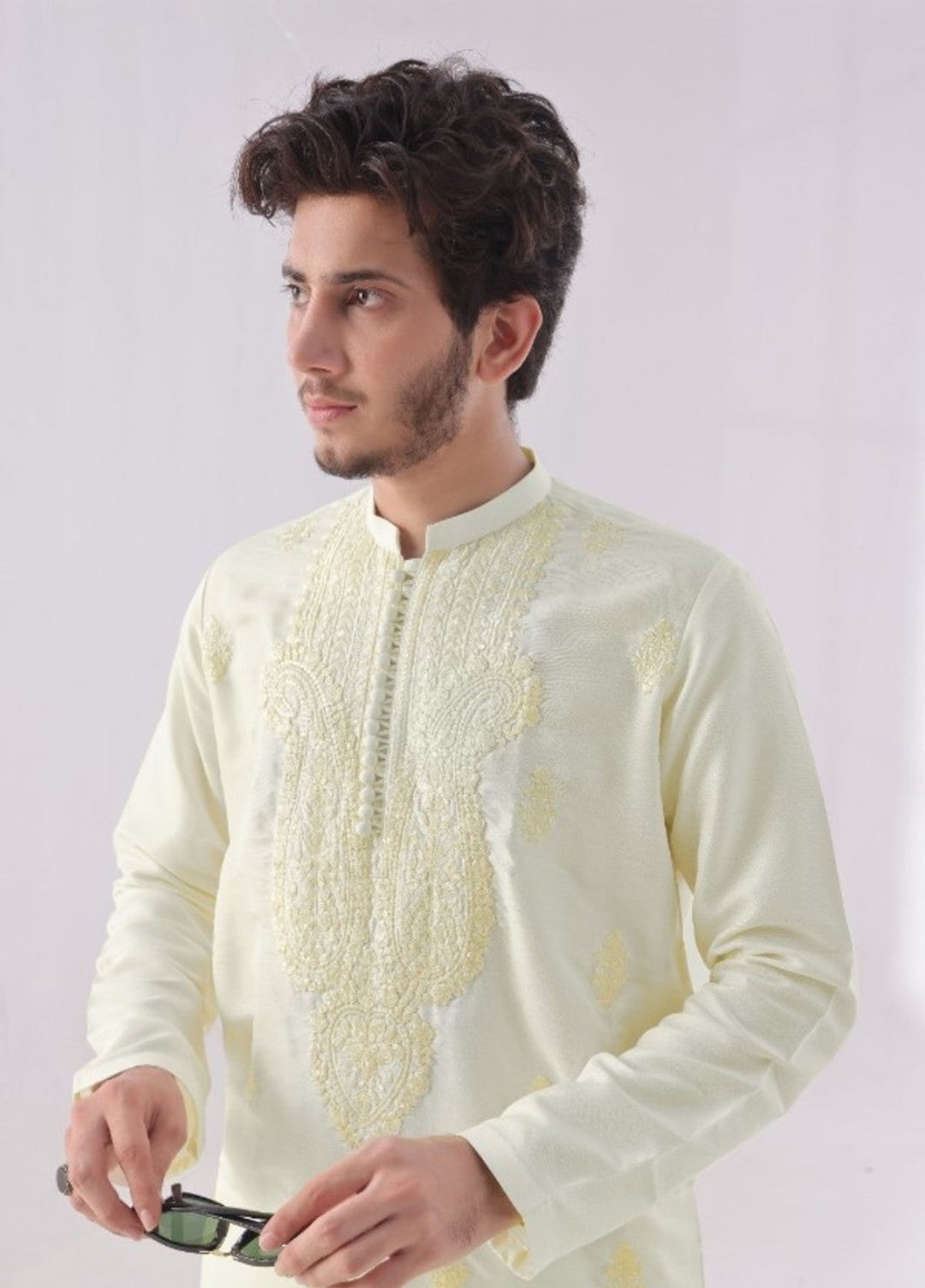 Bazm E Riwayat by Bin Musab Men Kurta Pajama 2 Piece Raw Silk Creamsicle Tide - Festive Collection