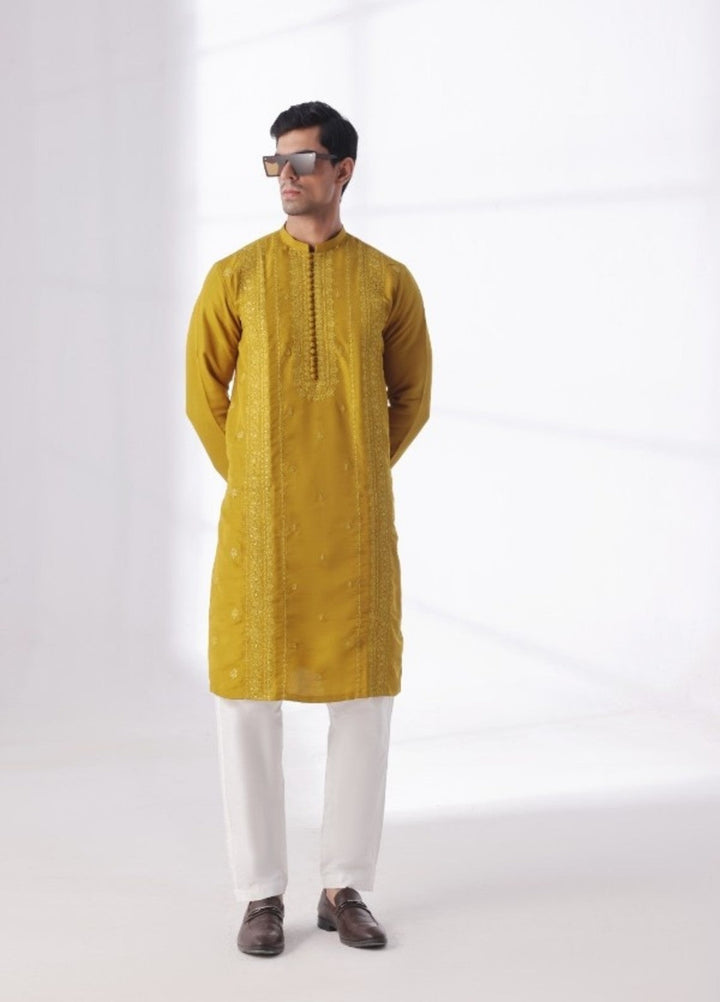 Bazm E Riwayat by Bin Musab Men Kurta Pajama 2 Piece Raw Silk Honey Mustard - Festive Collection