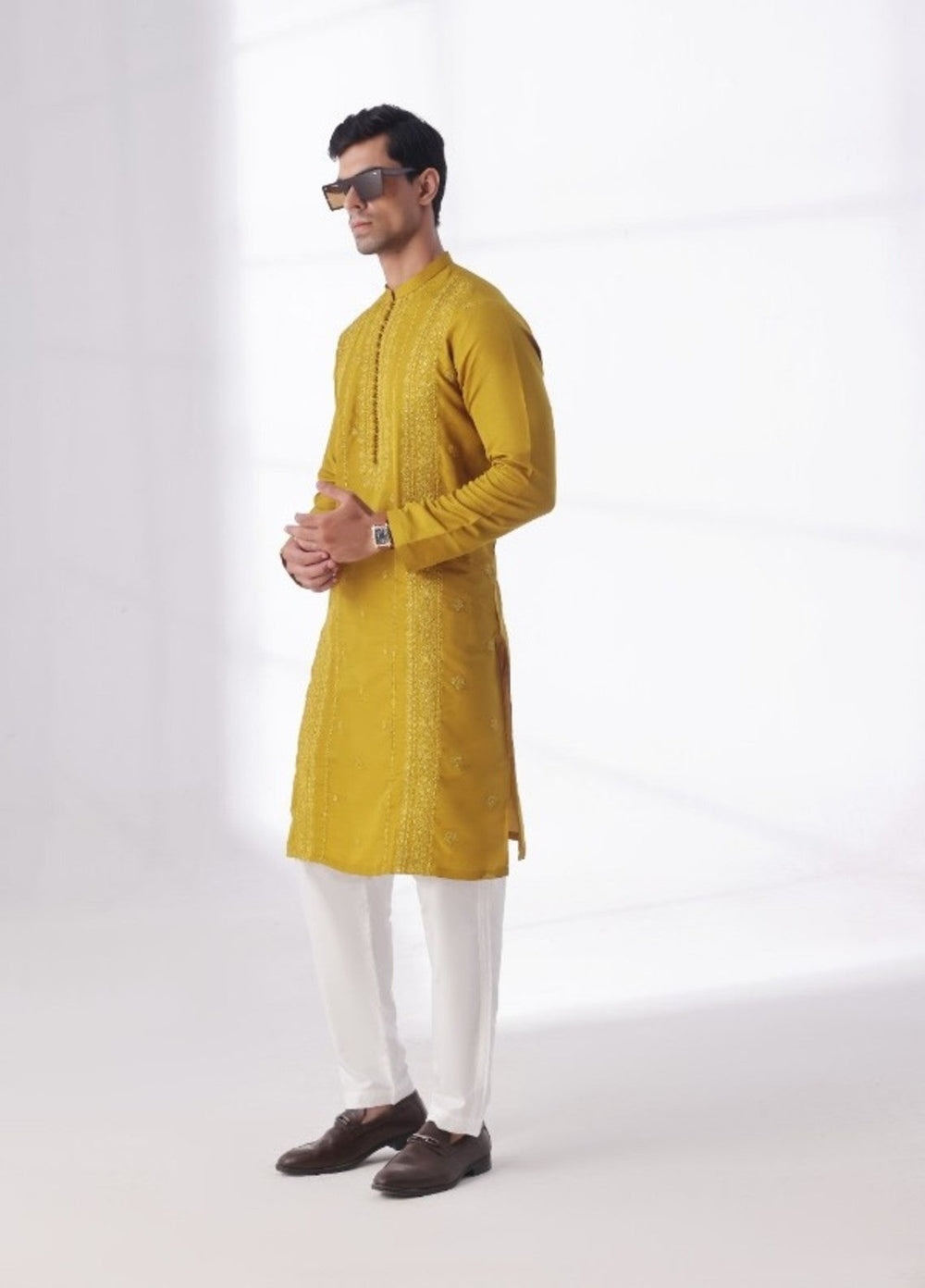 Bazm E Riwayat by Bin Musab Men Kurta Pajama 2 Piece Raw Silk Honey Mustard - Festive Collection