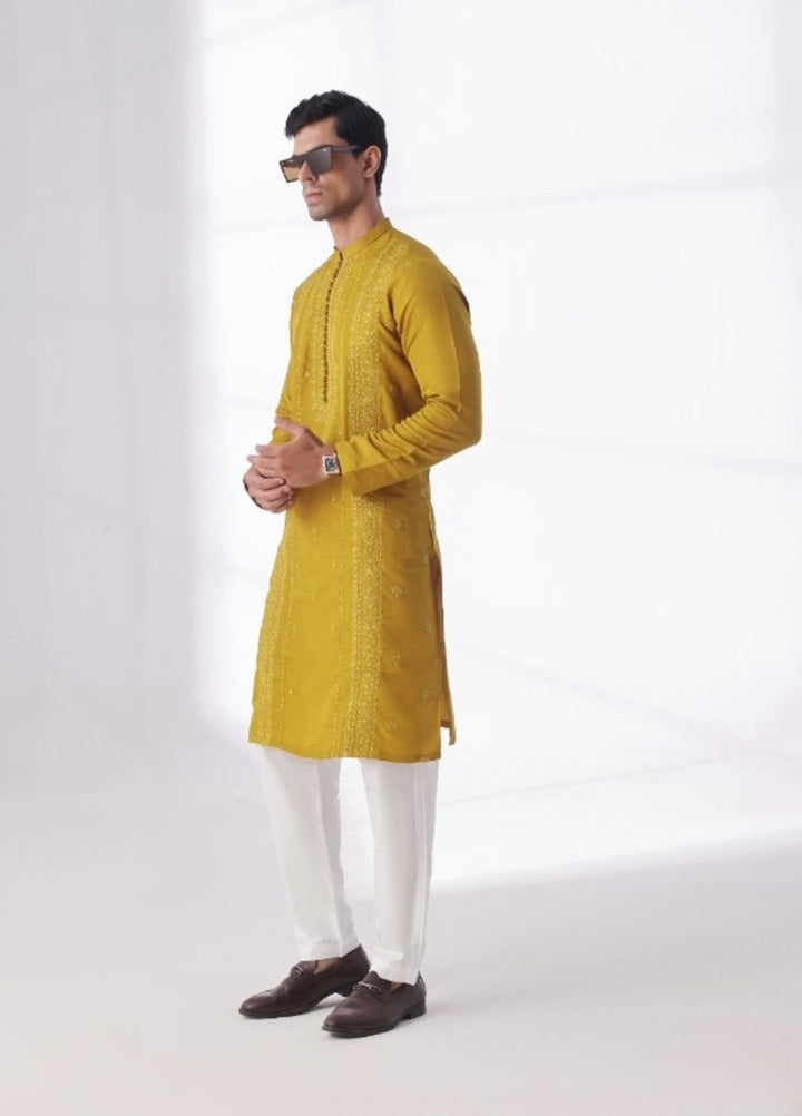 Bazm E Riwayat by Bin Musab Men Kurta Pajama 2 Piece Raw Silk Honey Mustard - Festive Collection
