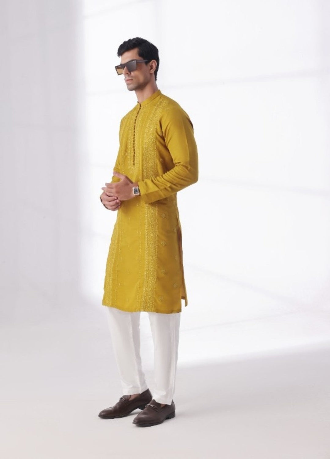 Bazm E Riwayat by Bin Musab Men Kurta Pajama 2 Piece Raw Silk Honey Mustard - Festive Collection