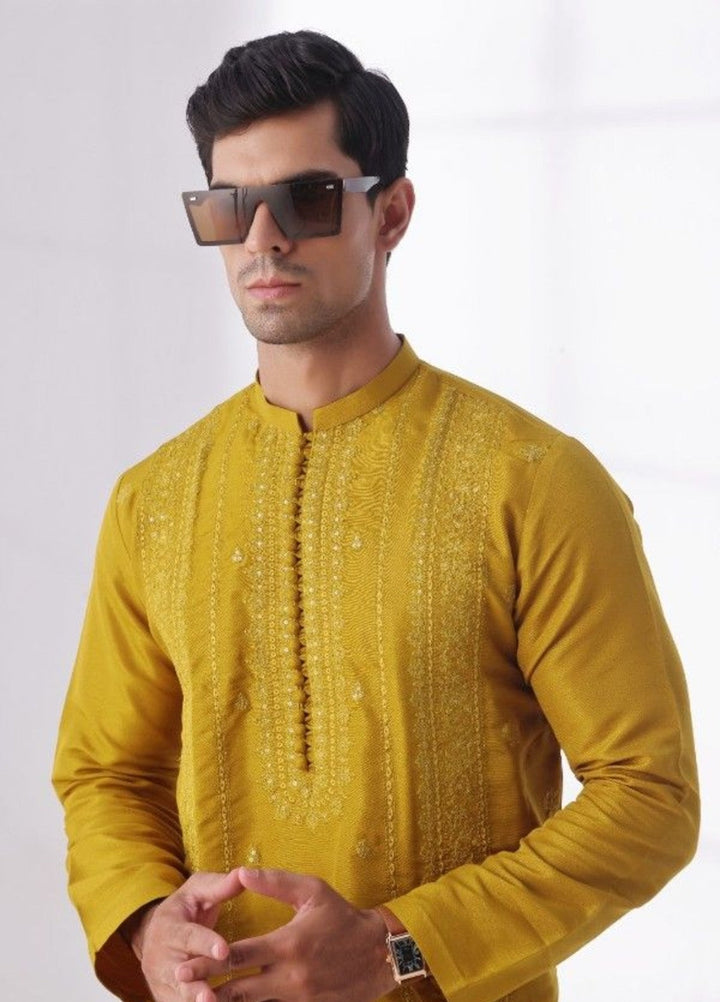 Bazm E Riwayat by Bin Musab Men Kurta Pajama 2 Piece Raw Silk Honey Mustard - Festive Collection