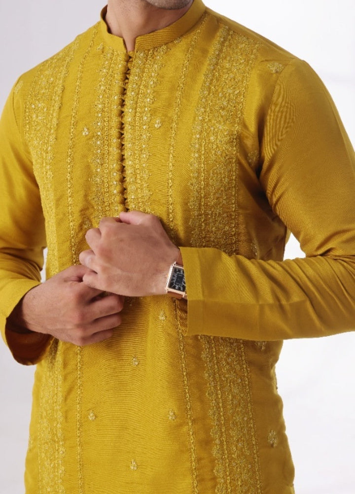 Bazm E Riwayat by Bin Musab Men Kurta Pajama 2 Piece Raw Silk Honey Mustard - Festive Collection