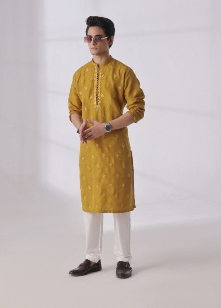 Bazm E Riwayat by Bin Musab Men Kurta Pajama 2 Piece Raw Silk Mustard Seed - Festive Collection