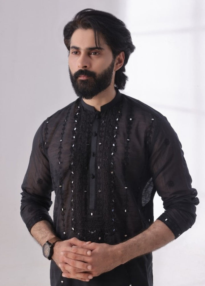 Bazm E Riwayat by Bin Musab Men Kurta Pajama 2 Piece Paper Cotton Mirror Edge - Festive Collection