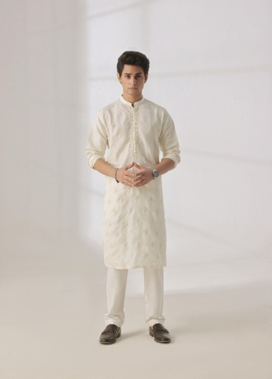Bazm E Riwayat by Bin Musab Men Kurta Pajama 2 Piece Raw Silk Vanilla Cream - Festive Collection