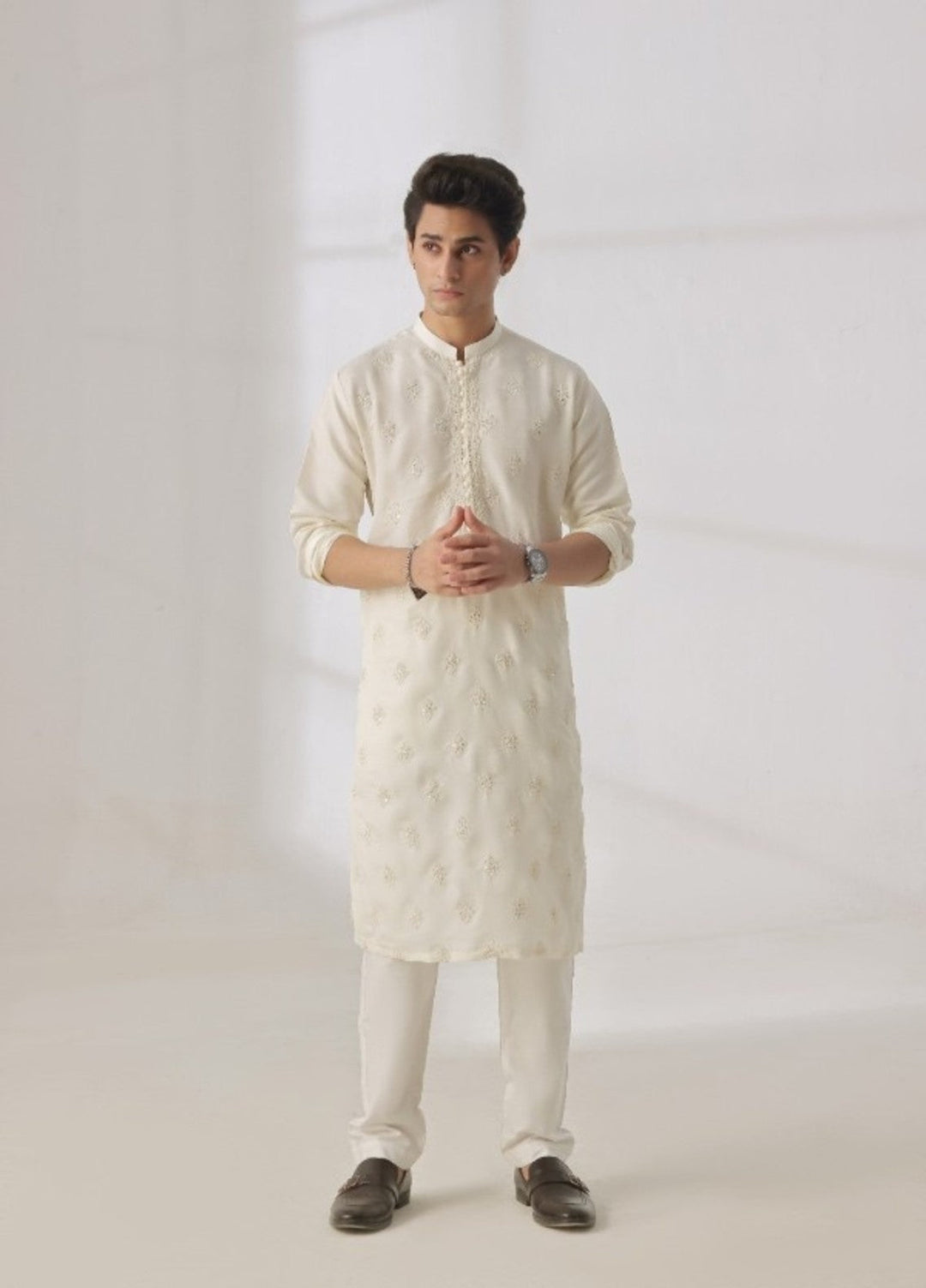 Bazm E Riwayat by Bin Musab Men Kurta Pajama 2 Piece Raw Silk Vanilla Cream - Festive Collection