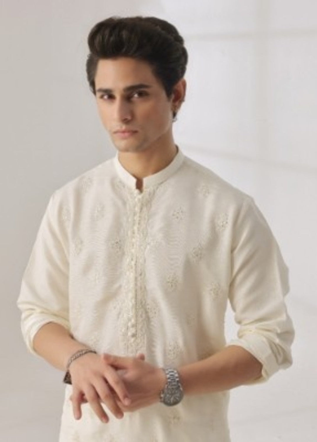 Bazm E Riwayat by Bin Musab Men Kurta Pajama 2 Piece Raw Silk Vanilla Cream - Festive Collection