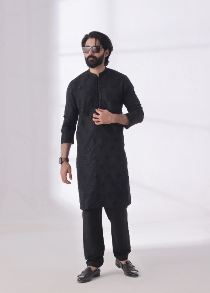 Bazm E Riwayat by Bin Musab Men Kurta Pajama 2 Piece Raw Silk Signature Black - Festive Collection