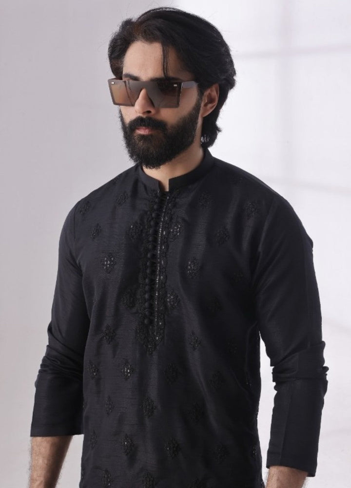 Bazm E Riwayat by Bin Musab Men Kurta Pajama 2 Piece Raw Silk Signature Black - Festive Collection
