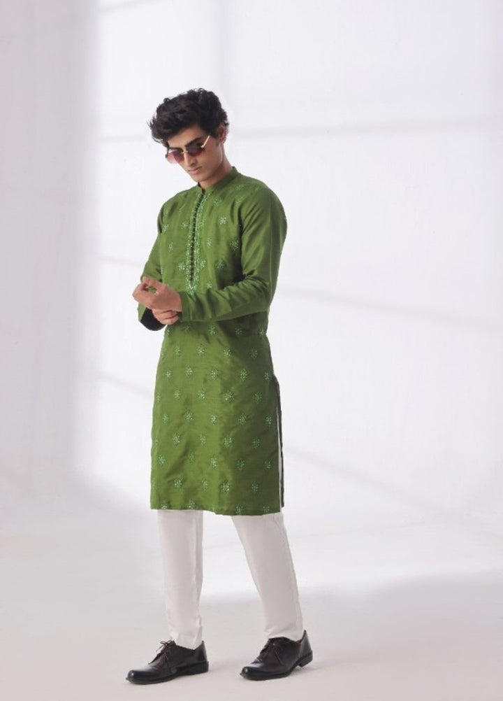Bazm E Riwayat by Bin Musab Men Kurta Pajama 2 Piece Raw Silk Pastel Parrot - Festive Collection