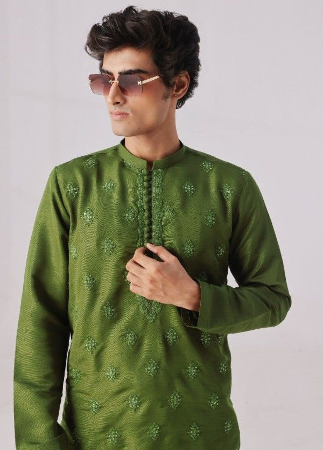 Bazm E Riwayat by Bin Musab Men Kurta Pajama 2 Piece Raw Silk Pastel Parrot - Festive Collection